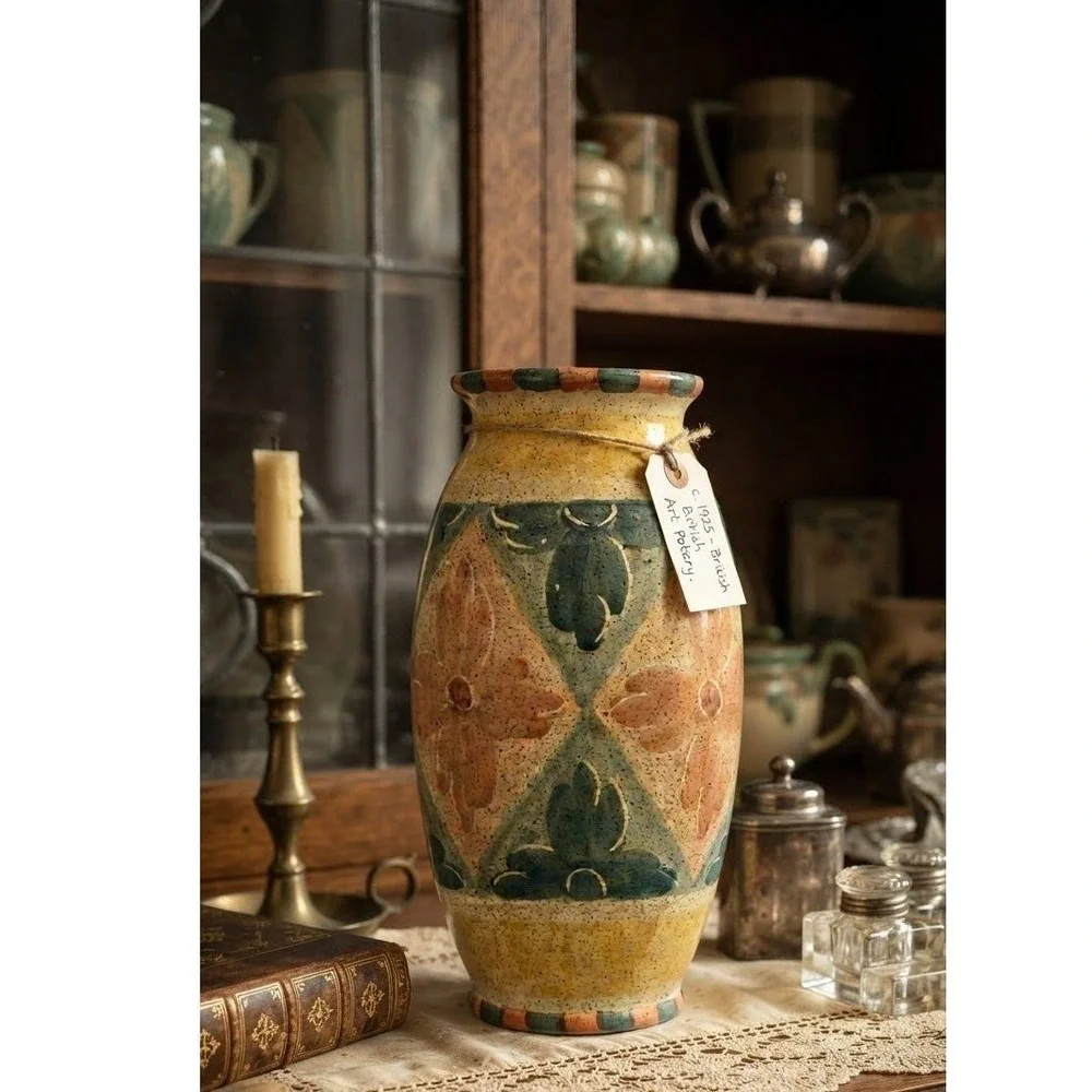 Horchow Italy Hand Painted Ceramic Vase Floral Geometric Art Pottery 14